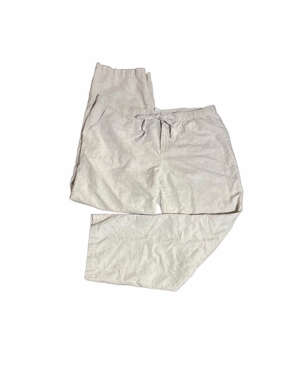 Liz Claiborne Linen Cotton Drawstring Pants Large Cream Tan Coastal Wide Leg